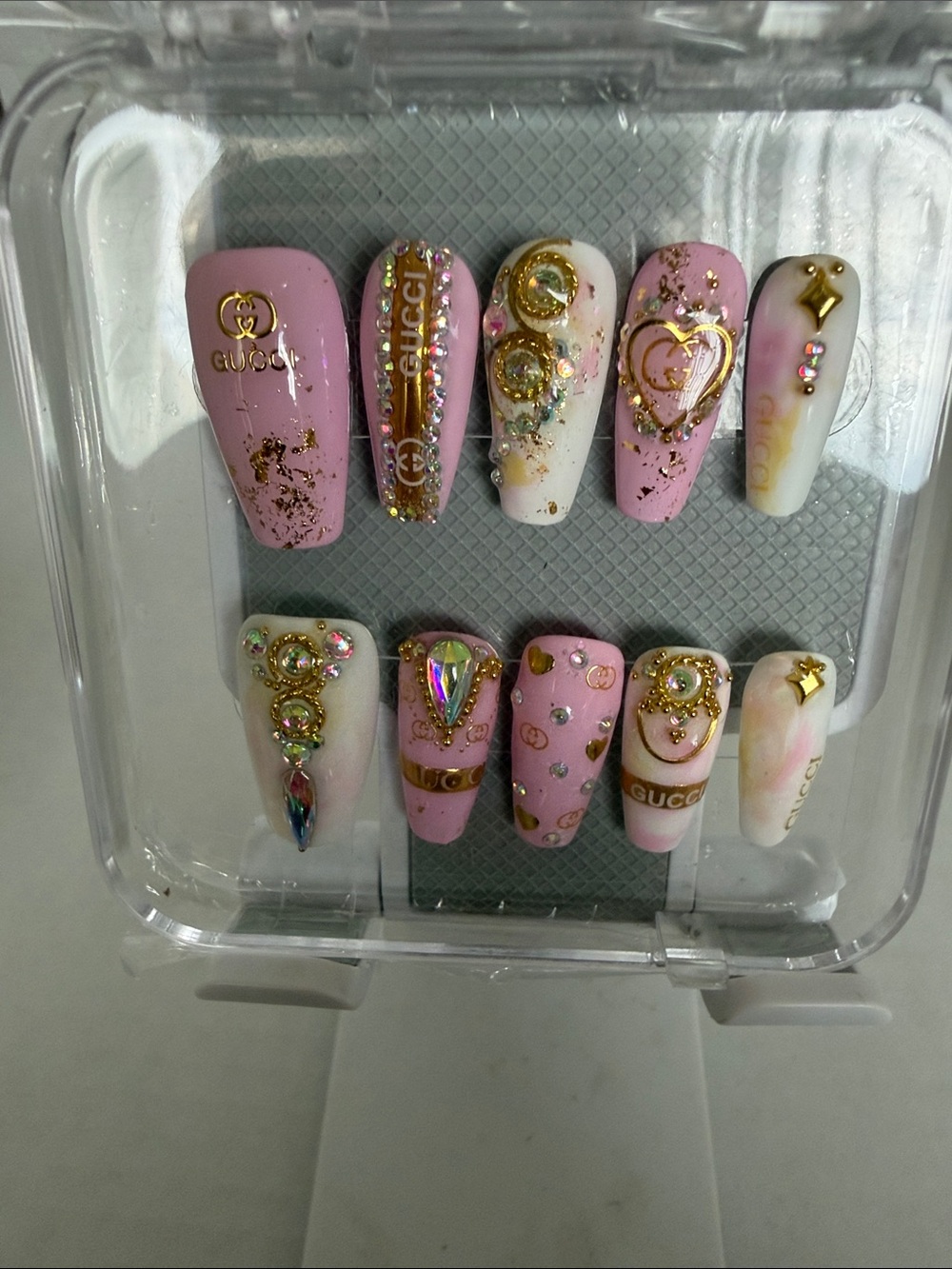Custom Made Gucci  Pink & White Decorative Press-On Nails NIB